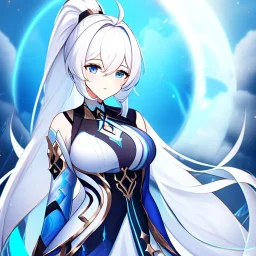 Clear focus, 8k, beautiful lighting, vibrant colors, girl, white hair, long hair, blue eyes, ponytail, honkai impact outfit,