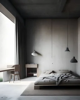 Habitación que sea de estilo minimalista, con materiales de concreto aparente y muebles de madera