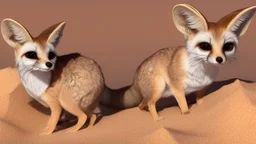 Highly detailed medium shot of a fennec fox, sand, beige, cute, sun, hot, cacti