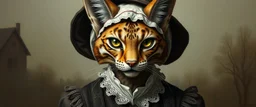 amish space alien lynx dressed in amish outfit, painted by Rembrandt, Escher and Giger and some anime genious