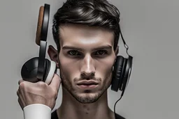 Modern man sitting in noice cancelling headphones by Andrea Del Sarto