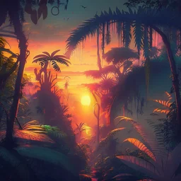 fantasy jungle at sunset