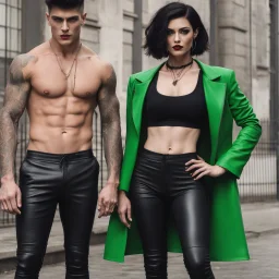 An extremely muscular young man who resembles an old, decomposing zombie with pixie-cut black hair, wearing a black leather jacket and pants, standing next to a beautiful woman with auburn hair who resembles the wicked witch of the west, wearing a black two-piece bathing suit with a perfect shaped, stacked body, and a perfect face, 4k, 8k, 32k UHD, Hyper realistic, extremely colorful, vibrant, photorealistic, realistic, sharp, highly detailed, professional quality, beautiful, awesome, majestic,