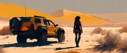 a grumpy cyberpunk girl standing in overdrive in the Mojave desert, side view, impasto, minimal, splash art, wide angle, centered, distant horizon, spacious scene, harsh contrasts, scattered tint leaks, sparse thick brushstrokes, heavy glitch noise dropouts, warm colors of sand yellow, beige, orange and black