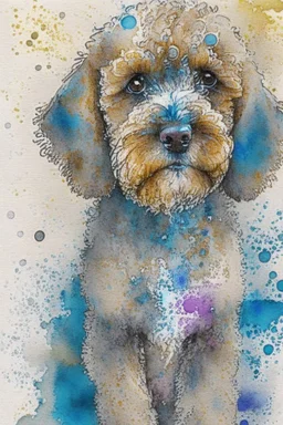 Abstract wet watercolour of a cockapoo, ink lines, splashy background, bifurcated circles, detailed,focus on eyes, watercolour paper