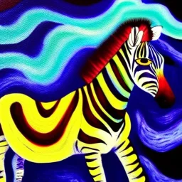 Dibujo al oleo de una zebra pintadas con muchas nubes de colores estilo Vincent van Gogh