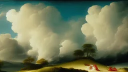 A majestic scene of angelic figures dancing gracefully in a heavenly landscape of snow and billowing clouds,in the Paradise Creation of Adam and Eve