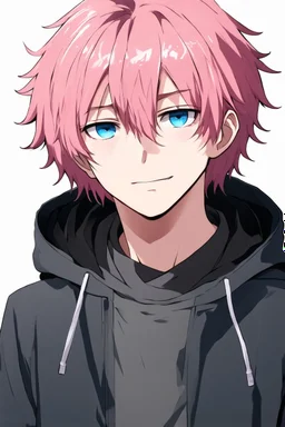 An anime man with messy short pink hair and narrow blue eyes wearing a hooded jacket Realistic.