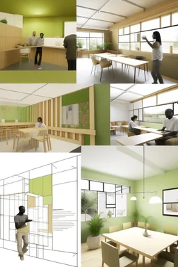 could you please create a visual image for an interior design project of a Holistic and Sustainable Refugee Resettlement Centre that applies the following 'Self-Sustainability, Enhanced Living Conditions, Multi-functional Communal Spaces, Education and Job Training Centers, Integration of Mental Health Support'