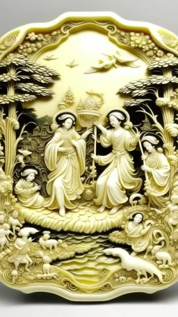 An ivory colored heavenly field with angels painted by Cai Ja