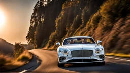 A sleek white shiny (((Bentley Jesko))), its contours and details perfectly captured in a (((cinematic view))), zipping along a winding road under a beautiful blue black night sky