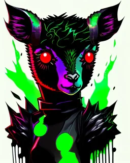 Comic book art style black lamb with red eyes, contrasting green meadow, cartoonist, digital portrait, dark fantasy, black iridescent skin, holographic, shiny, PVC texture, wet look, anime, gothic