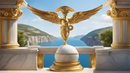 a roman capital divided by a river next to the ocean. elfish. seen from a hill. perfect symmetry. marble and gold. fantasy.