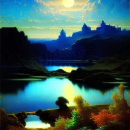 Drawing of 'Medieval Romanian Castle',mountain,lake,full moon, by gaston bussiere, greg rutkowski, yoji shinkawa, yoshitaka amano, tsutomu nihei, donato giancola, tim hildebrandt, oil on canvas, cinematic composition, extreme detail,fit full head inside picture,16k