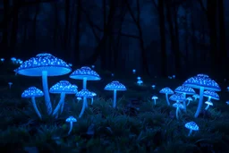(masterpiece), best quality, A magical glade with glowing blue mushrooms on a quiet night., GHIBSKY style, country side, Japan, night beautiful weather,blue neon lights glowing