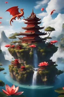 A floating island with water falls and many lotus trees with a pagoda in the middle of the island and a big red dragon that is flying in the skye