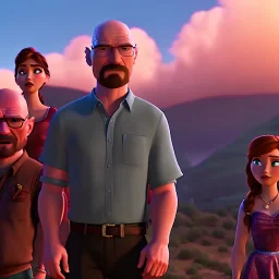 Walter White and his family, 8k, realistic face, with a fedora, sunset background, zombies.