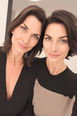 A selfie of a brunette woman, middle short hair taken at spa salon. showing incredibly beautiful extremely attractive 37-year-old European woman. (She has white skin, tousled black hair, pretty face without makeup, big round brown eyes, cute profiled nose, detailed full lips.)