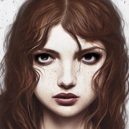 black round shades, A full body portrait of a beautiful wild, intricate, elegant, highly detailed, digital painting, artstation, concept art, smooth, sharp focus, illustration, brown hair, black jacket, youthful,, Hannah Murray, round face, messy hair, hippy, freckles