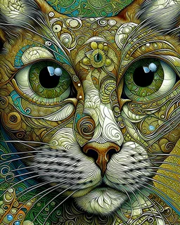 Detailed Surreal Portrait of Oriental blue and white tabby cat, with a triangular slender white face, large ears and green eyes by Gustav Klimt muted natural colors.