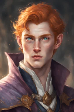 Dnd fantasy 24 year old young cute ginger nobleman in a elegant wizard clothes, grey eyes, portrait, round chin