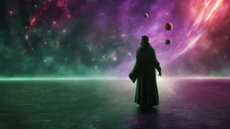 matrix universe, space, planets, god creation walking on light, purple, dark green and red,