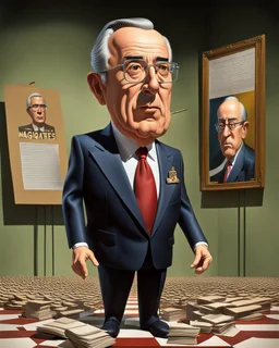 Caricatura 3D de Álvaro Uribe Vélez con una nariz cómicamente (((muy grande)))... pintura surrealista, diciendo: El texto dice "Animadversión de magistrados en mí contra". 3/4. Colores blanco, rojo y negro