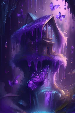 Excessive details are extremely accurate, My imagination is complicated.Glowing purple clothes art, splash art, high quality, 8k, digital painting, glitter, waterfall, greenery, butterflies, birds of paradise, gnome's house, trending on artstation, sharp focus, studio photo, intricate details, highly detailed, by greg. inside an air water