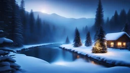 fir forest scenery, heavy mist, valley, creek, forest, christmas, tree, nature, night, snow, fir tree, high-quality photograph, zeiss prime lens, bokeh, high detail, smooth render, unreal engine 5, dust effect, vivid colors, night