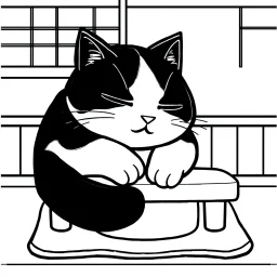 bold and easy, cozy Japan-Cat napping on a kotatsu table each has very thick black outlines, making the details simple and fun to color colors, must be black and white and should have very few backgrounds or no backgrounds