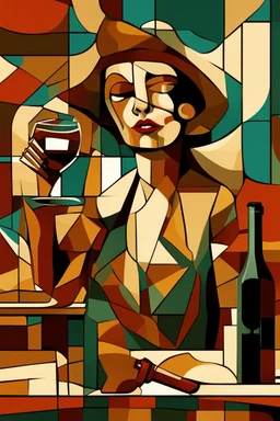 A Woman with pistol and a table bottle of wine on a boat digital art, cubism style