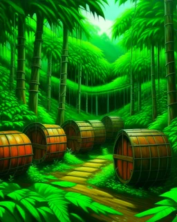 A green jungle with wooden barrels painted by Frank Wilson