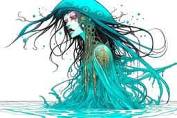 full color front facing full body illustration of a malevolent shape shifting female Funayurei water ghost with highly detailed facial features and translucent skin textures, in the style of Alex Pardee , Jean Giraud Moebius, and Katsushika Hokusai, highly detailed, boldly inked, deep murky aquatic color