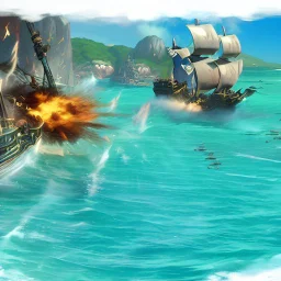 two pirate ships fighting each other at sea. They fire cannons at each other and one ship is hit and burns.
