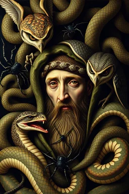 Hieronymus Bosch Style high quality picture in side snakes , men with perk mouths, owls, spiders