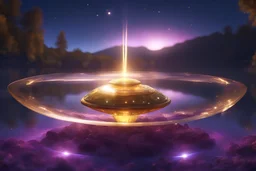 amethysts crystals, with transparency, fine golden flying saucer traveling in the galaxy, transparent, crystal with lights, starry sky, beautiful fairies in levitation, reflection over a lake, finely tuned detail, ultra high definition, 8 k, unreal engine 5, ultra sharp focus,
