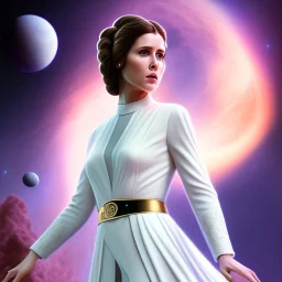 model shoot style, digital art zoomed out portrait of (Princess Leia) ((dressed in white and off white gown)), surrounded by a bulk of planets, ultra-detailed, ultra quality, illustration, eerie atmosphere, 8k, cinematic lighting