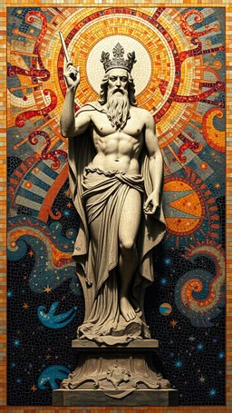 A statute of a god from Atlantis in a galaxy designed in ancient Roman mosaics painted by Claude Monet