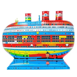 A red and blue cruise ship in the sky with rainbows designed in Matryoshka dolls painted by Frank Lloyd Wright