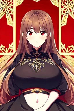 woman with long brown hair and red eyes, medieval concubine, anime style, highly detailed, intricate background, red and black clothes, confident, arrogant