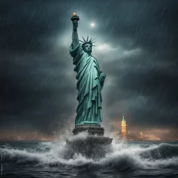 Hyper Realistic apocalyptic view of statue of liberty at dark rainy night between the sea with big wave splashes