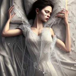 woman sleeping on satin pillow with spiderwebs covering face, goth, mascara running down cheeks, 8k, high-quality, fine-detail, intricate, sharp, crisp, digital art, detailed matte, illustration, octane render, brian froud, howard lyon, Anne Dittman, Anne Stokes, Lisa Parker, Selina French