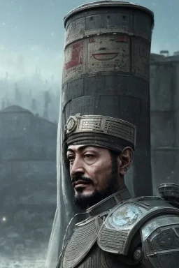 Ottoman Empire sultan head portrait, warrior armor , village, meditation, woods, galaxy sky, 8k quality , portrait,beautiful robotic ,ghost in the shell , post-apocalyptic in a cyberpunk city, realistic, intriacte detail, sci-fi fantasy style, volumetric lighting,24mm , particales,highly detailed,cinematic, deep purple , green eyes .