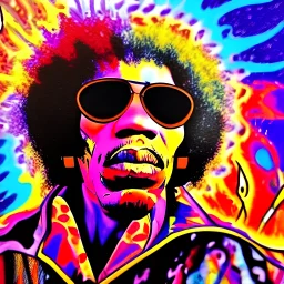 a realistic picture of Jimi Hendrix at a turntable with headphones on being a DJ, vivid color, with sunglasses, psychedelic trippy art