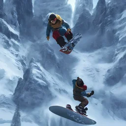 snowboarding avatar, alex ross, eddie mendoza, raphael lacoste, sebastian ludke, concept art, matte painting, highly detailed, rule of thirds, dynamic lighting, cinematic, detailed, magnificiant landscape, denoised, centered