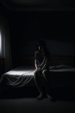 sitting on a bed in a dark room