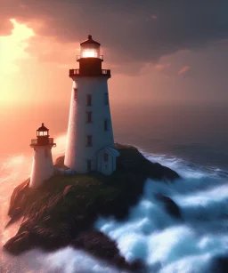 Fantasy, light house, unreal engine, waves crashing, 8k, sunset, sketch