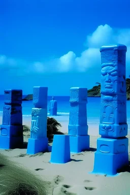 A blue beach with Hawaiian tikis painted by Andy Warhol