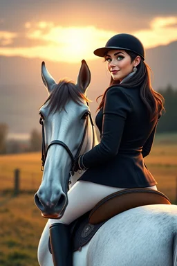 In a realistic, non-anime, cartoon style like Rubine by Walthery: Bust shot of 35-year old, bit chubby Scandinavian dark-haired mansion owner lady with green eyes, wearing equestrian attire with tight white pants and black or blue jacket, riding a white horse in Bavarian countryside in sunrise.