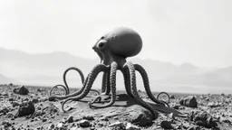 This is a black and white photograph featuring a surreal, abstract scene. The central subject is an octopus-like creature with an egg-shaped body, resembling a smooth, rounded shell. It has eight long, spindly legs, each ending in a cluster of smaller, bulbous appendages. The texture of the creature's body and legs is rough and uneven, giving it a somewhat organic yet alien appearance. The background is a barren, rocky landscape with faint, misty hills or mountains in the distance, creating a se